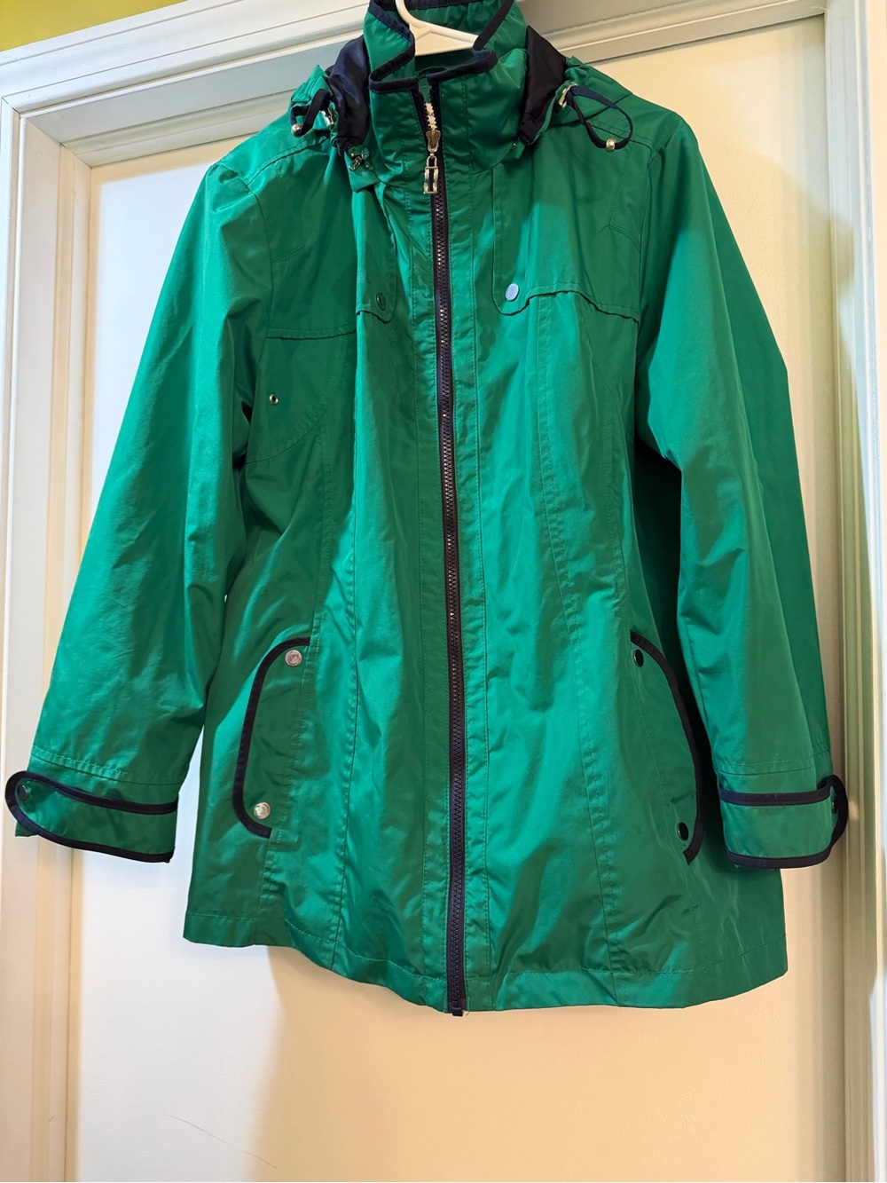 Susan Graver Emerald Green Hooded Raincoat with Navy Trim